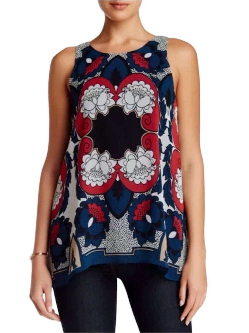 Max Studio Women’s Top Red Blue Floral Lined Sleeveless Asymmetrical Boho Size M